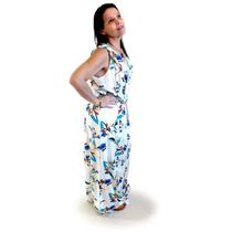 Vestido Longo Viscose Fundo Claro - Floral azul