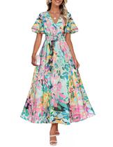 Vestido longo ZESICA 2025, casual de verão, com estampa floral, verde Vestido longo ZESICA 2025, casual de verão, com estampa floral, verde