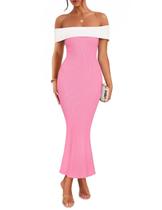 Vestido longo ZESICA 2025 Summer Off Shoulder Color Block Pink S