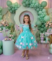 Vestido Luxinho Verde Tiffany com Apliques de Flores e Borboletas - Marie