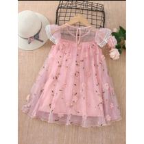 Vestido Luxo Bordado com aplique floral Tamanho 5 anos Infantil Princesa Cor Rosa Chiclete
