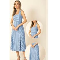 Vestido Luxo Em Linho Feminino Listrado Com Fios De Lurex