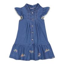 Vestido Luxo Infantil Menina Jeans Bordado Paraiso Rf 15595
