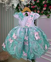Vestido Luxo Marie Jardim Encantado Rosa e Verde Tiffany para Crianças
