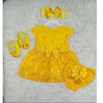 Vestido Luxo RN à 05 Meses Renda Baby Com 4 Peças, Par Sapatinhos + Faixa Cabelo + Calcinha