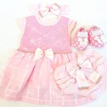 Vestido Luxo RN à 05 Meses Renda Baby Com 4 Peças, Par Sapatinhos + Faixa Cabelo + Calcinha