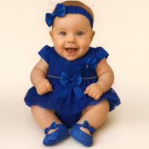 Vestido Luxo RN à 05 Meses Renda Baby Com 4 Peças, Par Sapatinhos + Faixa Cabelo + Calcinha