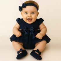 Vestido Luxo RN à 05 Meses Renda Baby Com 4 Peças, Par Sapatinhos + Faixa Cabelo + Calcinha