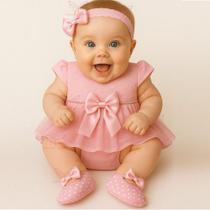 Vestido Luxo RN à 05 Meses Renda Baby Com 4 Peças, Par Sapatinhos + Faixa Cabelo + Calcinha