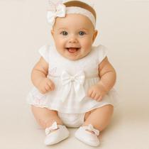 Vestido Luxo RN à 05 Meses Renda Baby Com 4 Peças, Par Sapatinhos + Faixa Cabelo + Calcinha