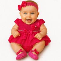 Vestido Luxo RN à 05 Meses Renda Baby Com 4 Peças, Par Sapatinhos + Faixa Cabelo + Calcinha