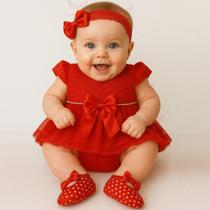 Vestido Luxo RN à 05 Meses Renda Baby Com 4 Peças, Par Sapatinhos + Faixa Cabelo + Calcinha