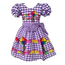 Vestido Luxo Temático Infantil Festa Junina Xadrez Lilas