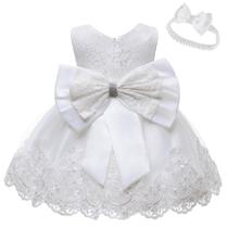 Vestido LZH para Bebés, Princesa con Gran Lazo y Flores, Blanco 6 Meses