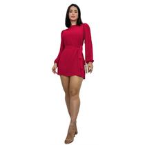 Vestido Macaquinho Curto Soltinho Manga Longa Bolsos Social