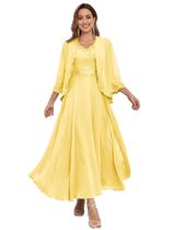 Vestido Mãe da Noiva CDSSL, chiffon amarelo, renda com lantejoulas