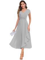 Vestido Mãe da Noiva CDSSL Plus Size com decote em V prateado