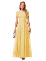 Vestido Mãe da Noiva YOFF, tule, renda, lantejoulas, amarelo