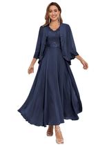Vestido Mãe do Noivo CDSSL com decote em V e chiffon azul marinho