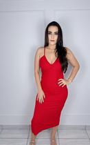 Vestido Malha Canelado Vermelho Cavado Decote V Com Fenda Lez A Lez