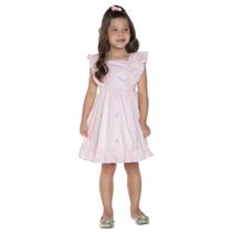 Vestido Manga Curta Babados Bordados Perolas Menina Rosa