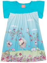 Vestido manga curta infantil azul turquesa estampado flores