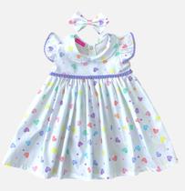 Vestido Manga Curta Pompom 100% Algodão estampa de Coração Mundo Nina Kids Vestido Manga Curta Pompom 100% Algodão estampa de Coração Mundo Nina Kids