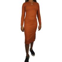 Vestido Manga Longa com Degote em Gota Frontal com fenda