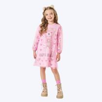 Vestido Manga Longa com Tule Rosa Ursinho Infantil Menina Mundo Cinti 12411 Vestido Manga Longa com Tule Rosa Ursinho Infantil Menina Mundo Cinti 12411