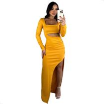 Vestido Manga Longa Comprido Midi Drapeado com Fenda Moda Lunii Vestido Manga Longa Comprido Midi Drapeado com Fenda Moda Lunii