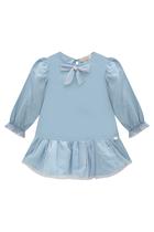 Vestido Manga Longa Curto Infantil Menina Azul Claro Laço