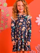 Vestido Manga Longa Infantil Em Malha Comfy Animais Encantados Azul MarinhoTam 2 a 14 - Azul - Kukiê