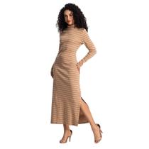 Vestido Manga Longa Midi Em Ribana Canelada Listrado Vestido Manga Longa Midi Em Ribana Canelada Listrado