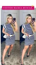 Vestido manga muscle listrado preto e branco