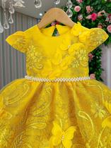 Vestido Marie Jardim Encantado Luxo Amarelo com aplique borboletas