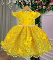 Vestido Marie Jardim Encantado Luxo Amarelo com aplique borboletas