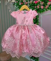 Vestido Marie Jardim Encantado Luxo Rosa Chiclete Realeza com aplique borboletas