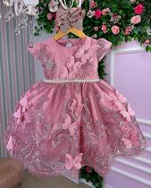Vestido Marie Jardim Encantado Luxo Rose Realeza com apliques borboletas