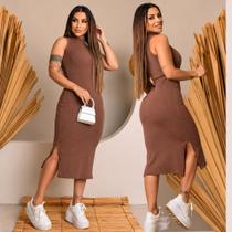Vestido Marrom Anarruga Regata Sem Manga Midi Fenda Feminino Moda Elegante Vestido Marrom Anarruga Regata Sem Manga Midi Fenda Feminino Moda Elegante