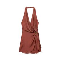 Vestido Marrom Sem Costas E Sem Mangas Com Gola Halter Para Mulheres, Vestido Sexy E Chic Para