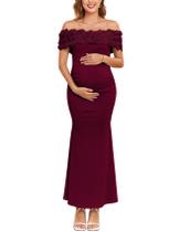 Vestido Maternidade AISWI Maxi Ombro a Ombro com Aplicação Floral 3D Vestido Maternidade AISWI Maxi Ombro a Ombro com Aplicação Floral 3D