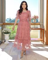 Vestido Max Midi Cinto Encapado Detalhes Em Guipir Stefani
