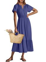 Vestido maxi ANRABESS de verão de manga curta com decote em V azul marinho
