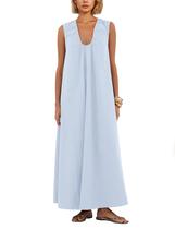 Vestido maxi Ardrem sem mangas, franzido, gola redonda com bolsos, azul Vestido maxi Ardrem sem mangas, franzido, gola redonda com bolsos, azul