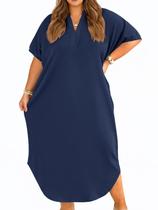 Vestido maxi Beautife azul marinho com decote em V, manga curta, tamanho grande Vestido maxi Beautife azul marinho com decote em V, manga curta, tamanho grande