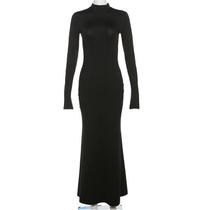 Vestido Maxi Bodycon Preto Feminino Com Manga Longa E Costas Descobertas Para Festas E Clubes, Moda