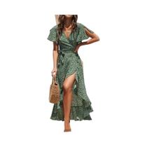 Vestido Maxi Boho Com Estampa Floral Para Mulheres, Vestido Casual De Verão Com Rendas E Decote Em V