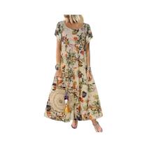 Vestido Maxi Boho Floral - Manga Curta, Algodão e Linho, Tamanho Grande Vestido Maxi Boho Floral - Manga Curta, Algodão e Linho, Tamanho Grande