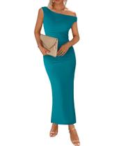 Vestido maxi BTFBM feminino de verão em um ombro com fenda franzida Vestido maxi BTFBM feminino de verão em um ombro com fenda franzida