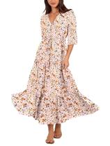 Vestido maxi BWQ com estampa floral com decote em V e meia manga para mulheres Vestido maxi BWQ com estampa floral com decote em V e meia manga para mulheres